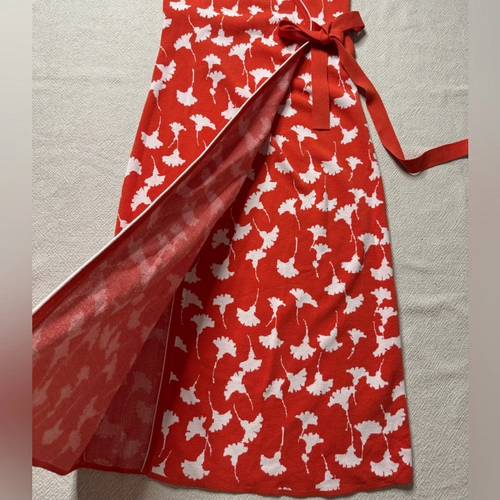 DVF for Target Orange Floral Ginko Print Jersey Knit Wrap Midi Dress S Preppy - Picture 4 of 9